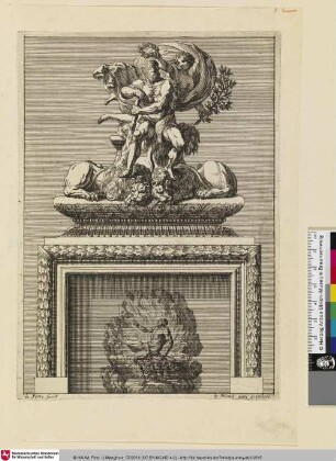 [Kaminentwurf mit einem Aufsatz einer Skulptur des Herkules; Cheminée surmontée d'un Hercule couronné par la Paix]