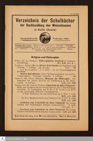 Verzeichnis der Schulbücher der Buchhandlung des Waisenhauses in Halle (Saale) : ausgegeben im Februar 1925