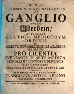 Theses med. inaug. de ganglio, vulgo Überbein