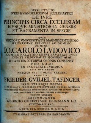 Dissertatio Ivris Evangelicorum Ecclesiastici De Ivre Principis Circa Ecclesiam Eivsqve Ministros In Genere Et Sacramenta In Specie