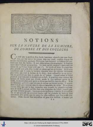 Notions Sur La Nature De La Lumiere, De L'Ombre Et Des Couleurs.