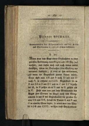 Vierter Abschnitt: Anwendungen der Trigonometrie auf die Groeße und Entfernung einiger Himmelskoerper