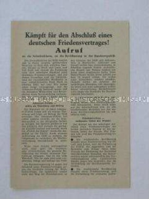 Flugschrift mit dem Aufruf der illegalen KPD zum Kampf um einen Friedensvertrag