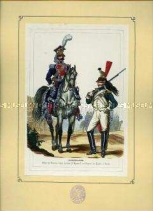 Uniformdarstellung, Offizier des 1. Chevauleger-Regiments und Dragoner des Garde-Dragoner-Regiments "Impériatrice", Frankreich, 1804. Aus: Bellangé: Die Soldaten der französischen Republik und des Kaiserreichs.