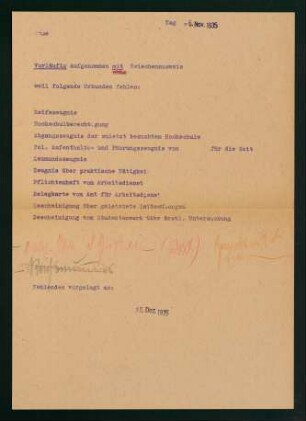 Dokument zur vorläufigen Aufnahme (06.11.1935)