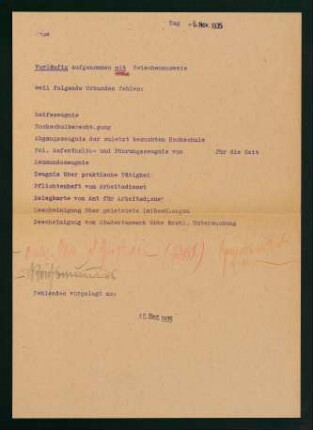 Dokument zur vorläufigen Aufnahme (06.11.1935)