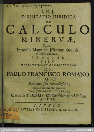 Disputatio juridica De calculo Minervae
