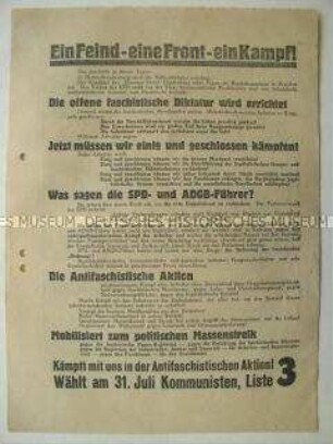 Flugblatt der KPD zur Einheit "aller Arbeiter im Kampf gegen den Faschismus" für die Reichstagswahl vom 31.7.1932