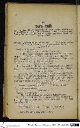 IV. Verzeichniß der in der Stadt Hildesheim befindlichen Behörden, Commissionen und Deputationen von allgemeinem Interesse, Unterrichts- und Bildungs-Anstalten, Institute und Vereine.