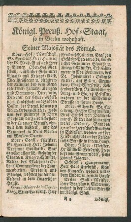 Königl. Preuß. Hof-Staat, so in Berlin wohnhaft