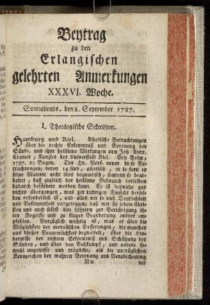 XXXVI. Woche. Sonnabends, den 8. September. 1787.