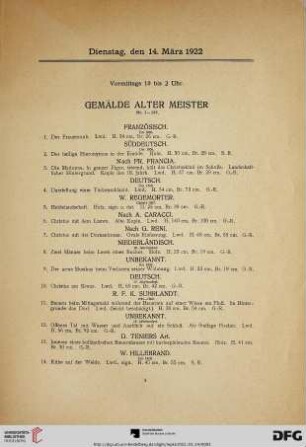 Dienstag, den 14. März 1922, vormittags 10 bis 2 Uhr: Gemälde alter Meister (Nr. 1-195)