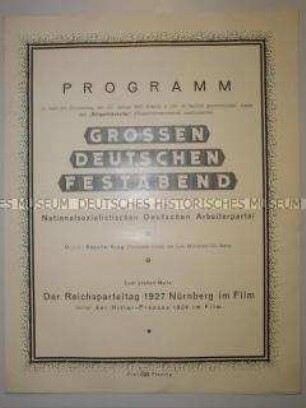 Programm eines Propagandaveranstaltung der NSDAP mit der Erstaufführung des Filmes über den Reichsparteitag 1927