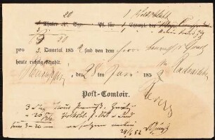 Quittung vom Post-Comtoir in Neuruppin vom 28.6.1852 für den Baurat von Quast: Quittung über 3 Taler und 20 Sgr. pro 3. Quartal 1852