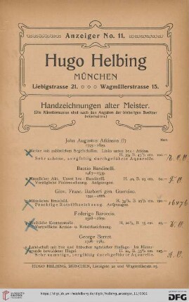 Nr. 11: Neu-Erwerbungen von Hugo Helbing, München: Anzeiger: Handzeichungen alter Meister