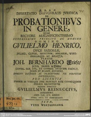 Dissertatio Inauguralis Iuridica De Probationibus In Genere
