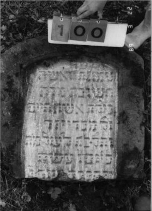 Grabstein 100 (Index: 99792180) Material: Sandstein Zustand: verwittert, unterer Teil der Stele fehlt, Stele liegend Maße HxBxT: 70x66x11 cm Beschreibung: Stele, Segmentbogenabschluß, Schriftfeld eingetieft: Grabstein 100