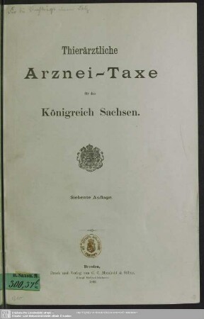 7.1892: Thierärztliche Arznei-Taxe für das Königreich Sachsen