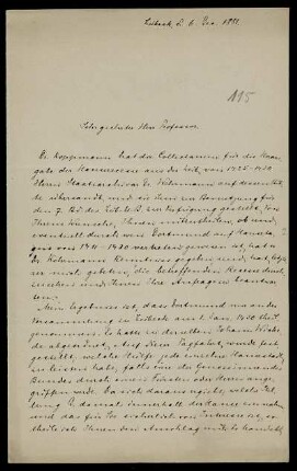 Nr. 1: Brief von Anton Hagedorn an Ferdinand Frensdorff, Lübeck, 6.12.1881