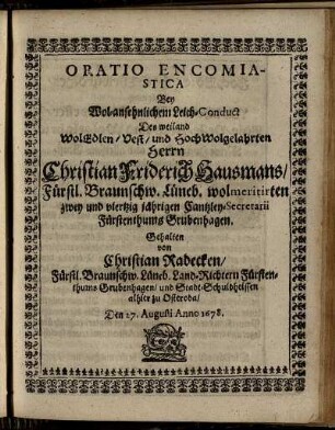 Oratio Encomiastica ... gehalten den 27. Augusti Anno 1678