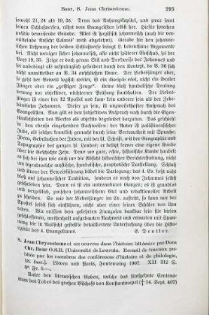 295-297 [Rezension] Baur, Chrysostomus, S. [Saint] Jean Chrysostome et ses oeuvres dans l'histoire littéraire