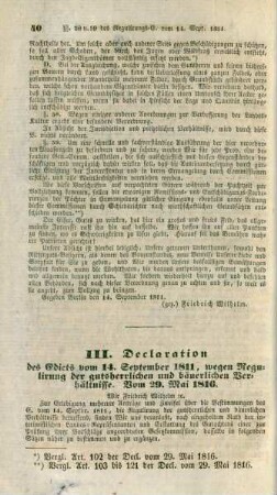 III. Declaration des Edicts vom 14. September 1811, Regulirung der gutsherrlichen und bäuerlichen Verhältnisse. Vom 29. Mai 1816