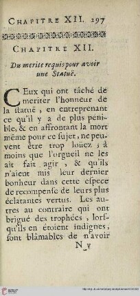 Chapitre XII: Du merit requis pour avoir une statue