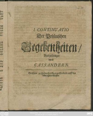 I. Continuatio Der Pohlnischen Begebenheiten