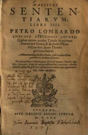 Magistri Sententiarvm, Libri IIII.