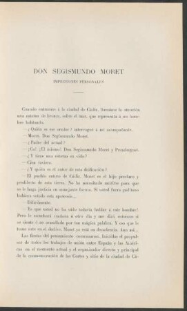 Don Segismundo Moret : Impresiones personales