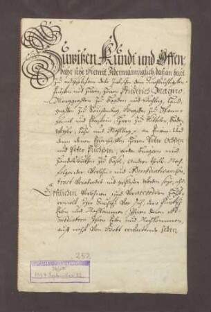 Akkord des Markgrafen Friedrich VII. Magnus von Baden-Durlach mit den Basler Handelsleuten Peter Ochs und Peter Fuchs über Tabakhandel in der Markgrafschaft