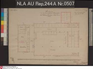 Grundriß vom Platzgebäude der Domäne Neuwerdumer Grashaus bei WERDUM Kolorierte Zeichnung von Schwägermann und Voran Papier Format 43,2x30,0 M 1:130