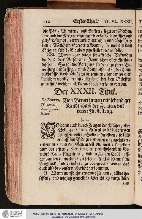 Der XXXII. Titul. Von Beweisungen mit lebendiger Kundtschafft der Zeugen und deren Fürstellung