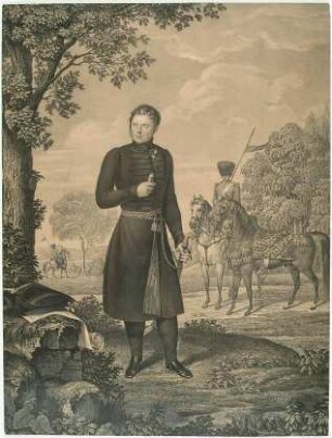 Wilhelm I., König von Württemberg (1781- 1864), als Kronprinz in Litewka mit Orden, stehend, im Hintergrund hügelige Landschaft und Reiter