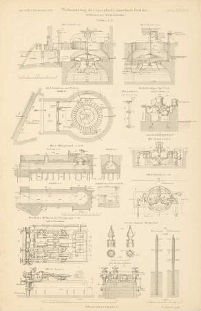Schleuse am Mühlendamm, Berlin: Turbine, Abflusskanal, Pumpe: Ansicht, Grundrisse, Schnitte 1:200, 1:75, 1:30 (aus: Atlas zur Zeitschrift für Bauwesen, hrsg. v. Ministerium der öffentlichen Arbeiten, Jg. 46, 1896)