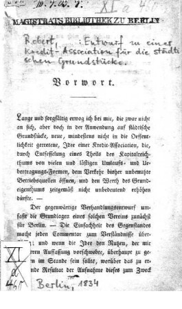 Entwurf zu einer Kredit-Association für die städtischen Grundstücke