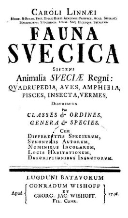 Caroli Linnæi ... Fauna Svecica Sistens Animalia Sveciæ Regni