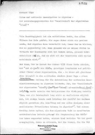 Islam und nationale Emanzipation in Algerien - zur Entstehungsgeschichte der Gesellschaft der algerischen `Ulama'