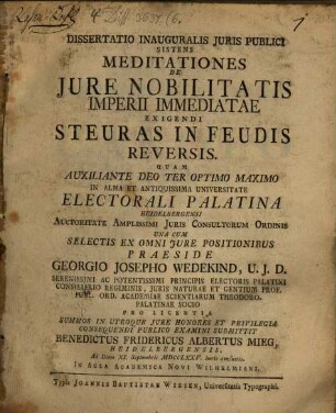 Diss. inaug. ... sistens meditationes de iure nobilitatis Imperii immediatae exigendi steuras in feudis reversales