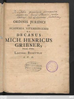 Ordinis Juridici in Academia Vitembergensi : [Dab. XIV. Decembr. A.O.R. CIƆIƆCCIX.]