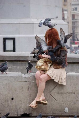 von Tauben umschwärmte Frau am Trafalgar Square