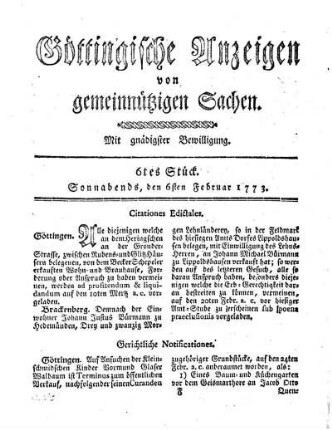6tes Stück. Sonnabends, den 6sten Februar 1773.