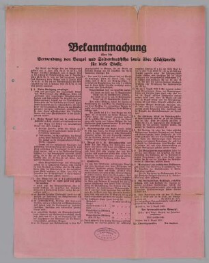 "Bekanntmachung über die Verwendung von Benzol und Solventnaphtha sowie über Höchstpreise für diese Stoffe"