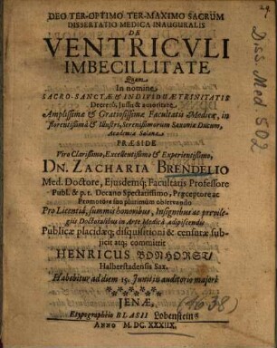 Dissertatio Medica Inauguralis De Ventricvli [Ventriculi] Imbecillitate