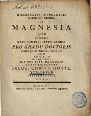 Dissertatio Inauguralis Chemico-Medica De Magnesia