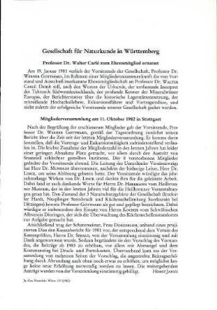 Gesellschaft für Naturkunde in Württemberg. Professor Dr. Walter Carlé zum Ehrenmitglied ernannt