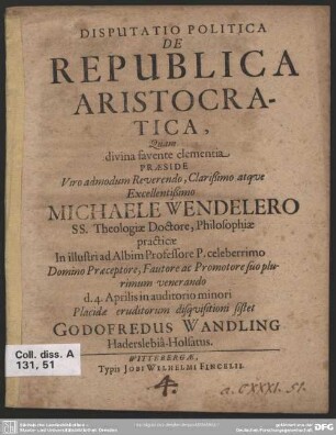 Disputatio politica: De republica aristocratica