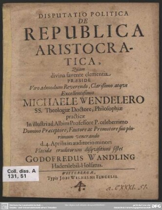 Disputatio politica: De republica aristocratica