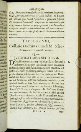 Titulus VIII. Collatio Doctrinæ Caroli M. & hodiernorum Pontificiorum. Quoad Justificationis Negotium.