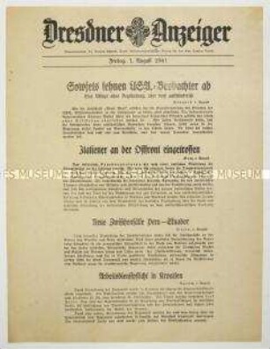 Nachrichtenblatt "Dresdner Anzeiger" u.a. zum Eintreffen italienischer Truppen an der Ostfront